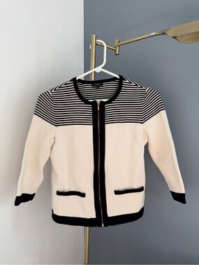 Talbots Black and Cream Striped Zip-Front Cardigan